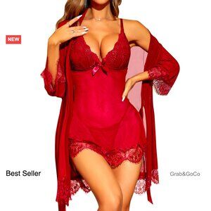 Sexy Lace Babydoll Chemise Set with Mesh Robe Thong Sleepwear Seductive